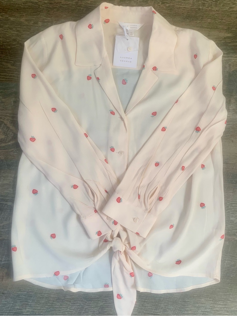 LC Lauren Conrad Fairycore Ballet Pink Strawberry Print Tie-Hem Blouse